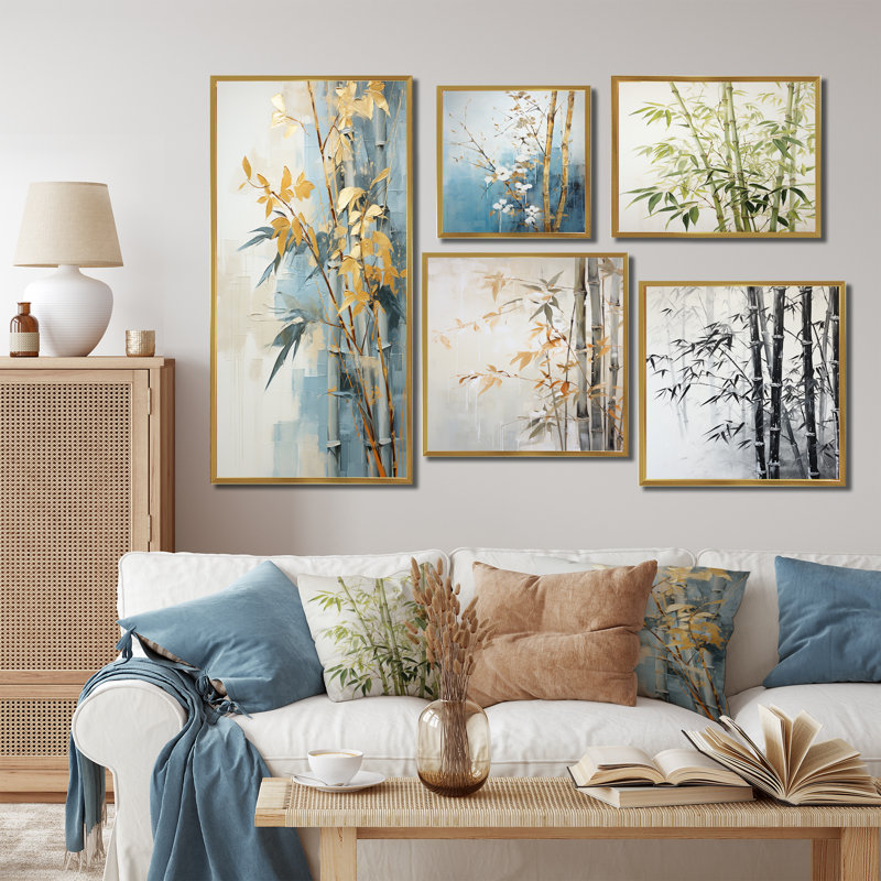 Gold And Blue Bamboo IV - Bamboo Wall Decor Set Of 5, Gold Floater Framed