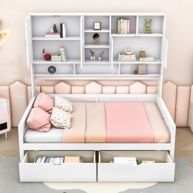 Wooden Daybed with Shelves and 2 Drawers, Full/Double, White