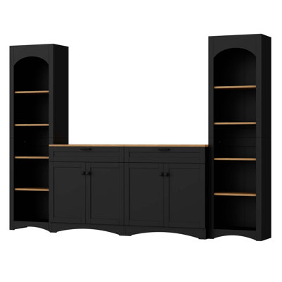3-Piece Farmhouse Entertainment Center with Storage Cabinet for TVs Up to 70", Mid-Century TV Stand with Bookshelf, Rustic Versatile Sideboard with Adjustable Shelves