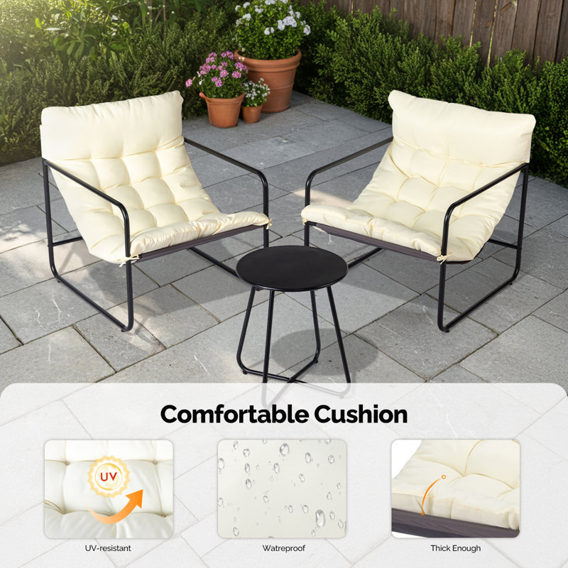 Ensemble de conversation de patio en métal avec coussins 3 pièces, Crème, crème