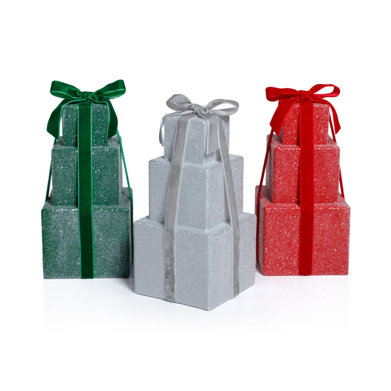 Figurine Stacked Presents, H 8,5 po x l 4 po x P 4 po, Argent argent
