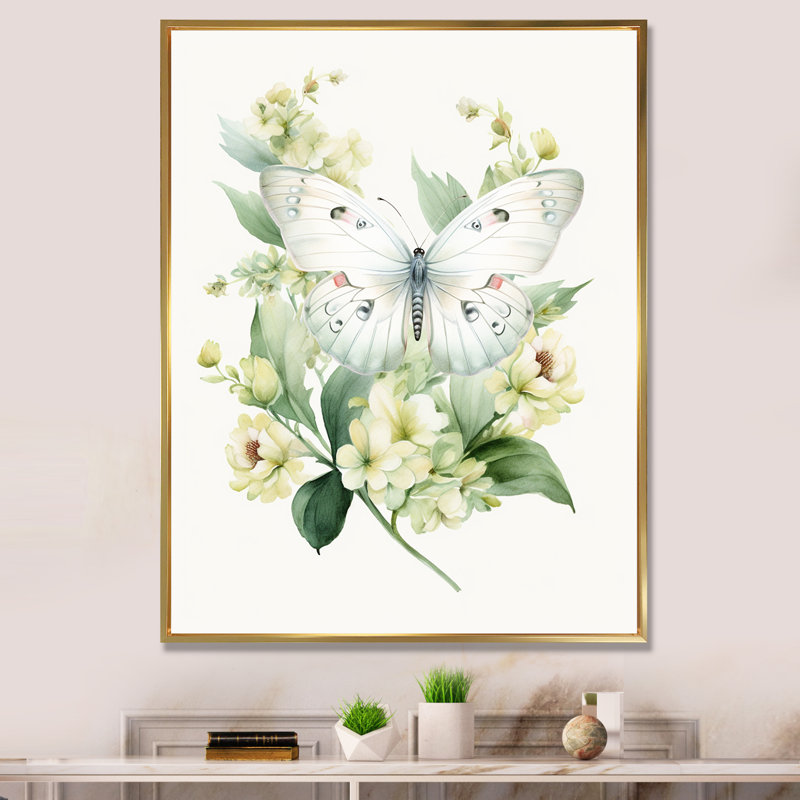 Papillons rétro sur des fleurs dans des tons pastel I, H 20 po x l 12 po x P 1 po, Cadre flottant doré