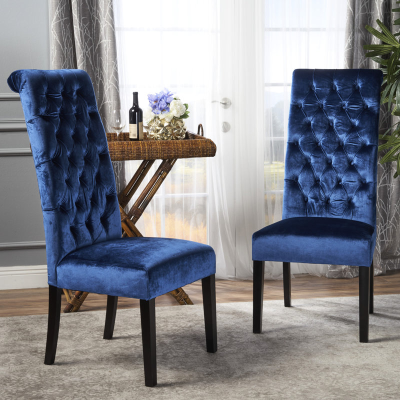 Ensemble de 2 chaises de salle à manger Marie, bouleau, velours bleu marine à haut dossier