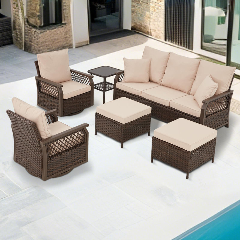 6 Piece Outdoor Patio Furniture Set, Beige, Brown