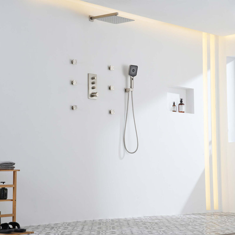 Système de douche thermostatique mural à 3 fonctions 12 po avec pomme de douche carrée, Nickel brossé