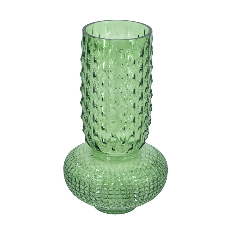  Round  Glass Vase With Hobnail Texture, overall height- 15.1", Green