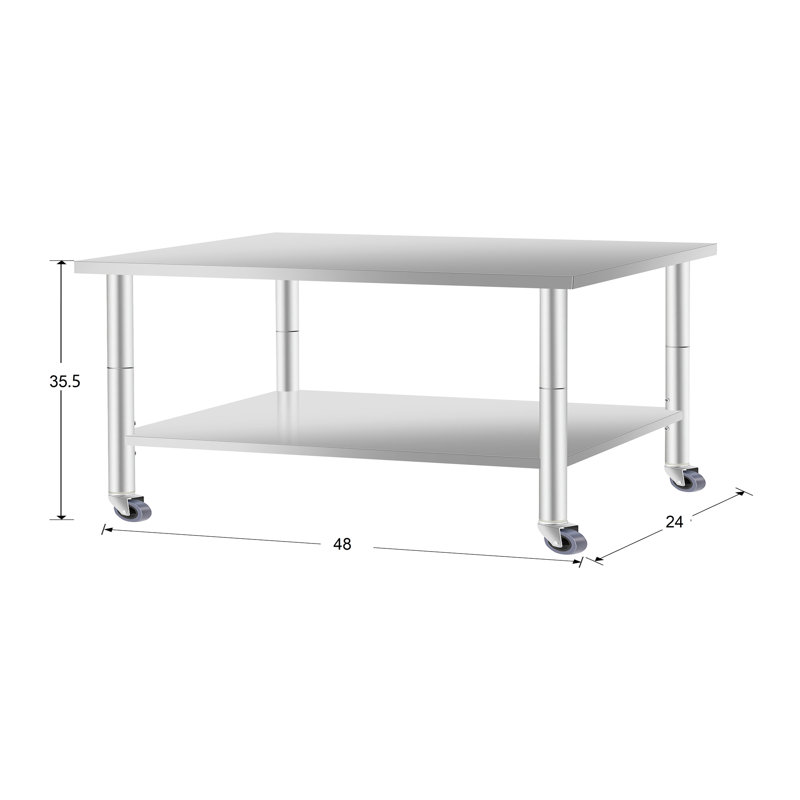 Table de travail commerciale en acier inoxydable de 48 po de largeur avec tablette inférieure et roulettes, 24 po de profondeur, 35,5 po de hauteur, idéale pour les services de restauration à domicile