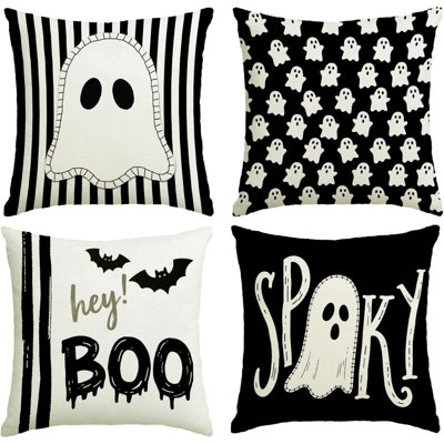 Housses de coussin décoratives d'Halloween 40x40 cm, ensemble de 4, pour intérieur et extérieur. Motif fantôme mignon et effrayant, en lin rayé noir, idéal pour canapé, lit ou chaise.