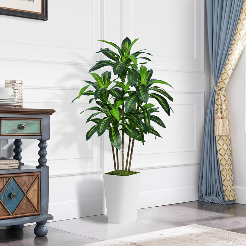 5 pi - Faux arbre avec grande jardinière blanche - Fausse plante de plancher en yucca tropical en pot