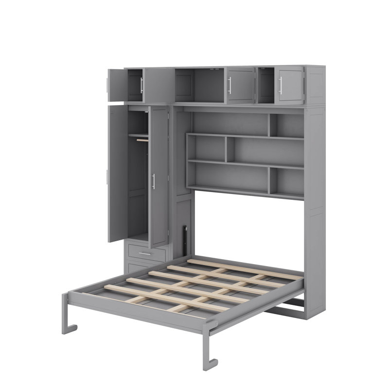 Grand lit escamotable mural avec rangement, lit pliable peu encombrant avec armoire supérieure, tablettes et garde-robe, Gris