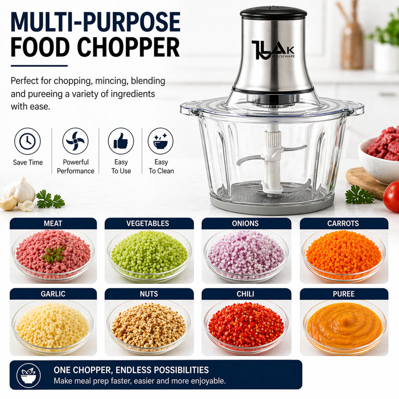 Ttak HOUSEWARE Electric Chopper with Glass Bowl- 3 Liter (12 Cups), 300W Motor Food Processor, 4 Sharp Blades | Glass Bowl for Chopping Fruits, Salads, Vegetables, Minced Meat