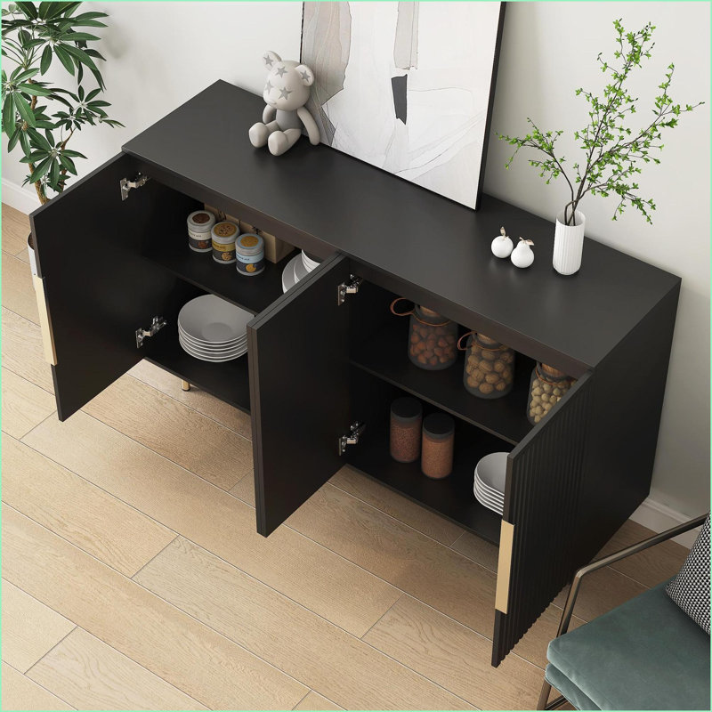 Sideboard, Modern Black Buffet Cabinet with Fluted Panels &amp; Adjustable Shelves | MDF