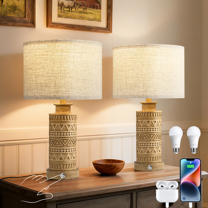 21.3" Dimmable Resin Table Lamp Set with USB Port and Bulbs Included (Set of 2)