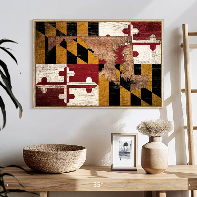 Carte d'État sur le drapeau du Maryland, 25 po x 17 po, Cadre flottant en bois naturel