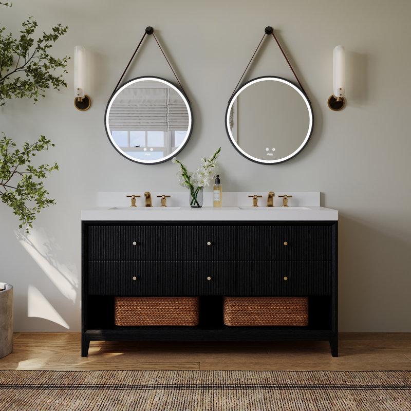 Momo 60" Freestanding Double Bathroom Vanity With White Quartz Vanity Top And White Undermount Basin, Black Oak, 60"