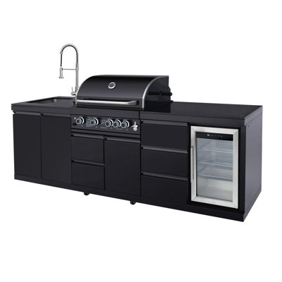 4 - Burner 59500 Gas Outdoor Grill, Double Door Sink, Three Tier Drawer Refrigerator, Drawer Storage Cabinet Propane Heating System Tubular Burners, Rear Ceramic Infrared Burner, Scratch And Stain