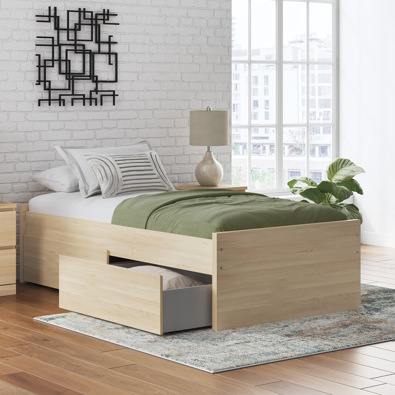 Lit plateforme simple Onita avec 1 rangement latéral, Beige, Lit simple