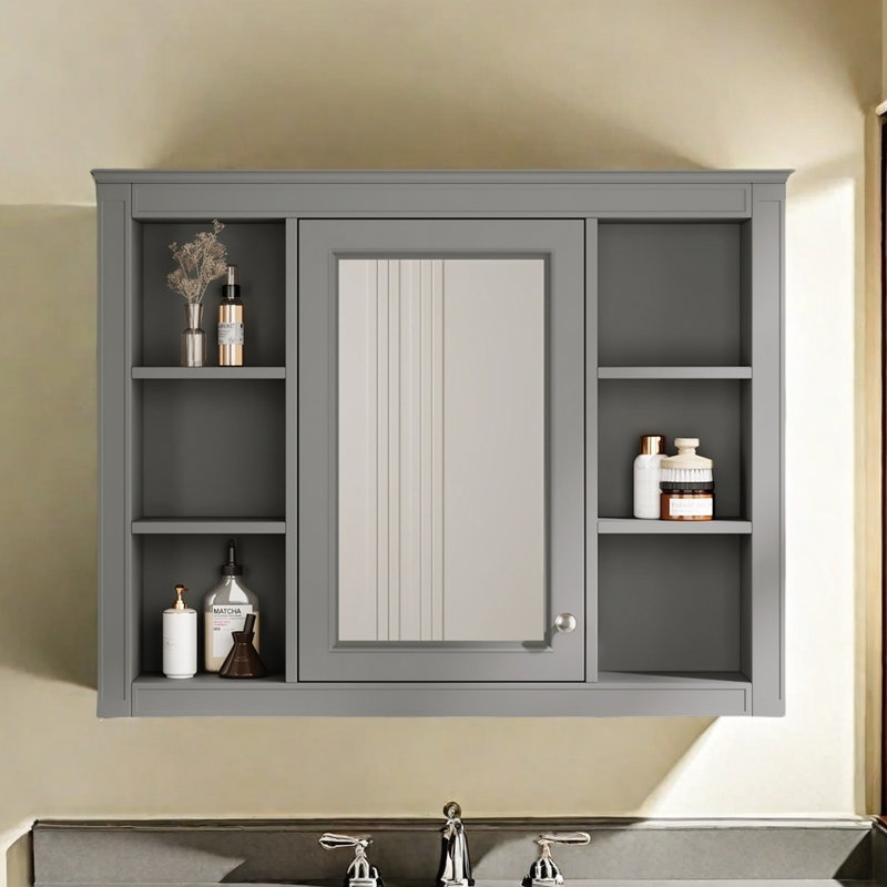 Armoire à pharmacie de 35 po x 27,5 po, armoire de rangement murale pour salle de bain, armoire de salle de bain moderne avec miroir, armoire à miroir avec 6 tablettes ouvertes