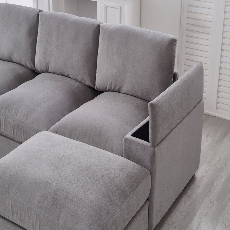 Sectional Sofa Deep Seat Sofa Couch With Ottomans, Corduroy Sofa Sleeper Comfy Upholstered Furniture, Gray Polyester