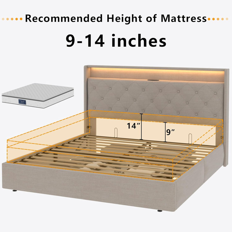 Kadeer Lift Up Bed Frame with Charging Station & LED Light, Upholstered Bed with Button Tufted, King, Beige