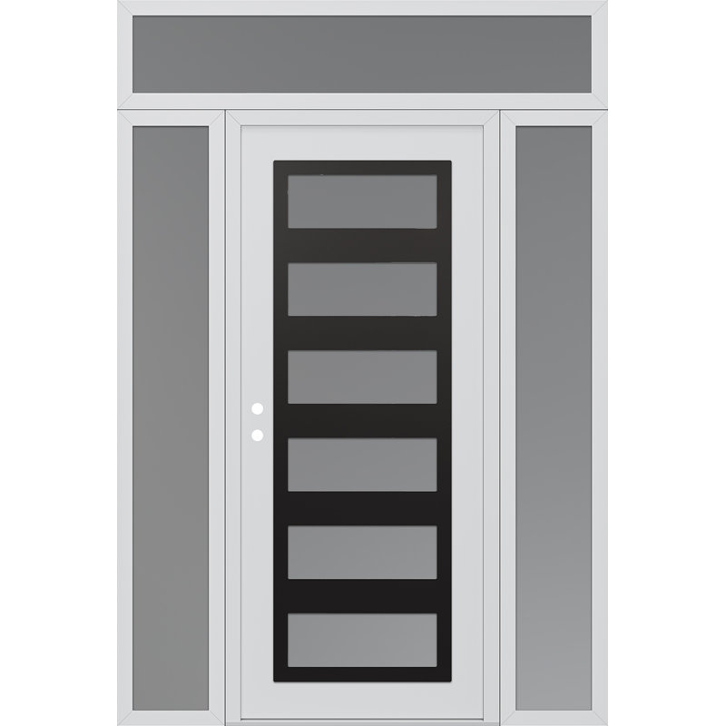 C9 droite 68 po X 96 po Panneau en acier noir et blanc et verre givré blanc avec 2 panneaux latéraux et porte d'entrée avant en verre givré avec traverse