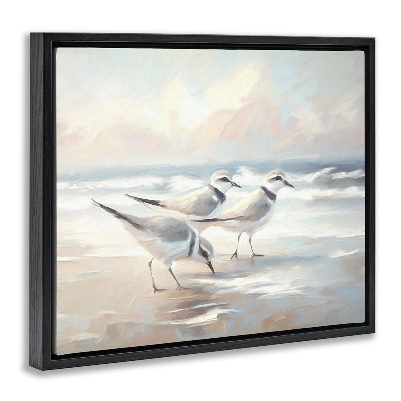 Cadre flottant Sandpipers Under Warm Beach Sun, design par Ramona Murdock, H 25 po x l 31 po, Cadre flottant noir de jais