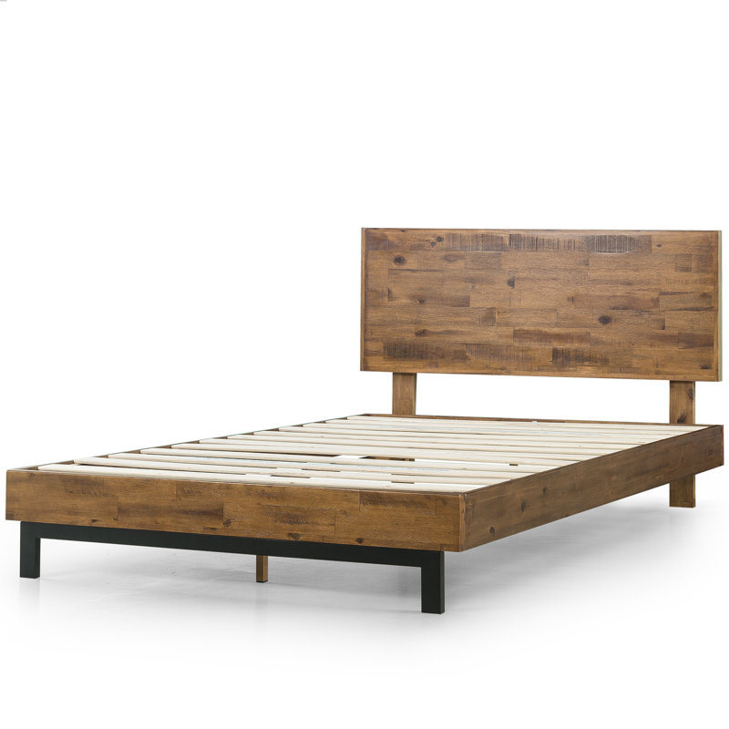 Lirim Solid Wood Platform Bed Frame with Adjustable Headboard, Queen, Brown