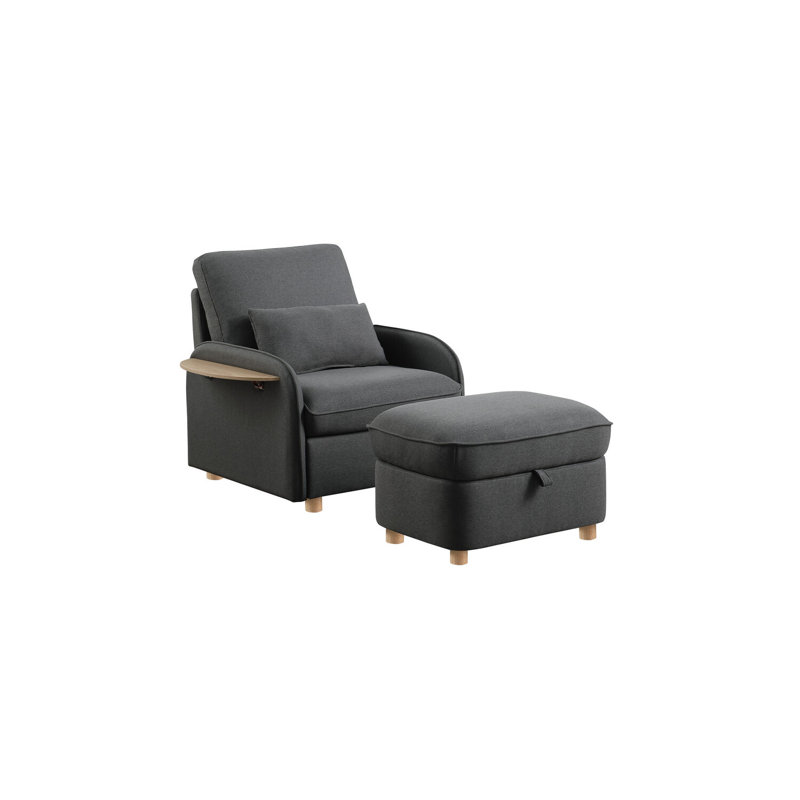 Latitude Run® Linen Accent Chair with Storage Ottoman and Folding Side Table