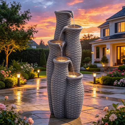 33" Faux Rattan Outdoor Fountain, Weather-Resistant Resin Floor Fountain