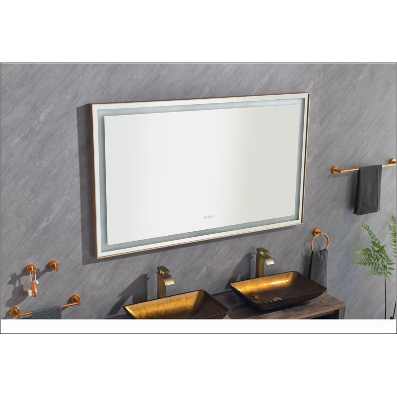 Miroir de salle de bain 60 po x 36 po à DEL avec cadre en aluminium, miroir de meuble-lavabo mural, anti-buée, mémoire, 3 couleurs, réglable en continu