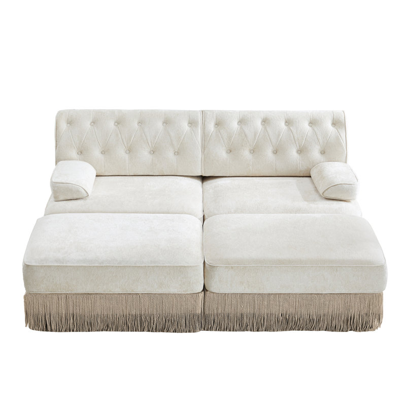 U-shaped, breathable, comfortable fringe-trimmed sofa, Beige Velvet, 34.2" H x 76.6" W x 60.3" D