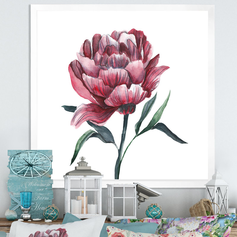 Fleur de pivoine rouge rétro, H 16 po x l 16 po x P 1 po, Impression blanche sur toile encadrée