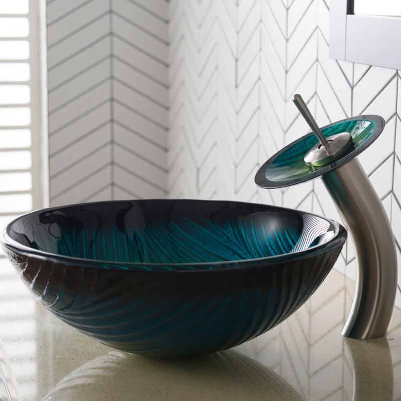 Kraus Nei Glass Bathroom Vessel Sink and Waterfall Faucet Set with Pop-Up Drain, Satin Nickel