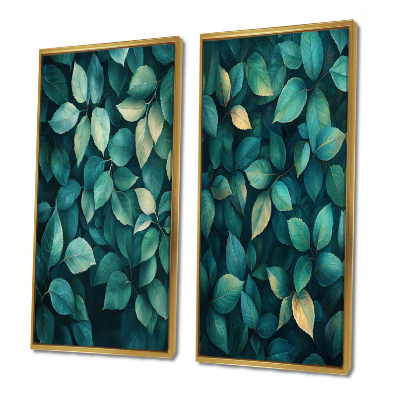 Emerald Green Leaves Lush Layers I - Art mural floral 2 panneaux, H 40 po x l 41 po, Cadre flottant doré