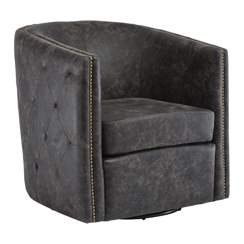 Distressed Black Faux Leather Barrel Swivel Chair