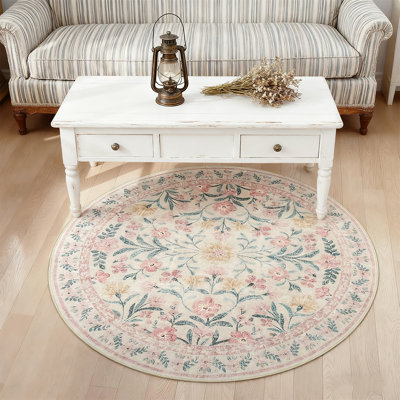 Tapis rose rond lavable à la machine à motif floral bohème