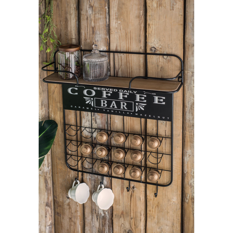 22.8x5.5x28.7" Black Floating Coffee Bar Shelf with Coffee Pod Holder, Hooks and Storage Shelf