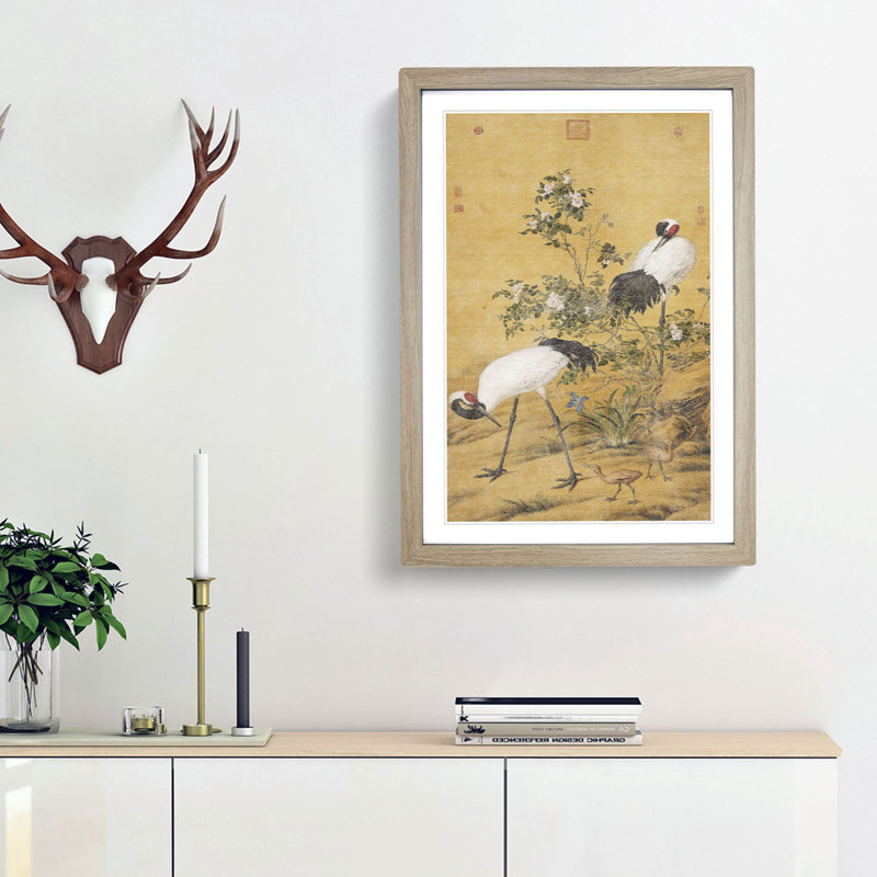 Cranes by Lang Shining - Picture Frame Painting Print, 48cm H x 36cm W x 2cm D, Oak Framed
