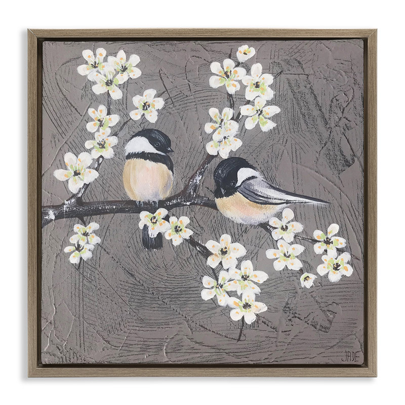 Art mural sur toile, "Bird pair on branch" par Jade Reynolds, H 18 po x l 18 po, Cadre flottant orme Montalcino