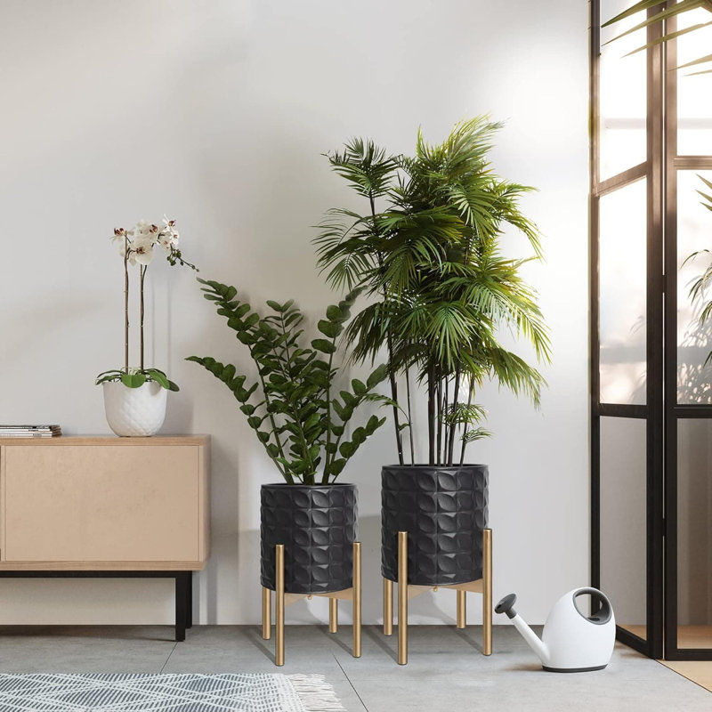 Jardinières de style Mid-Century moderne avec support, ensemble de 2 pots de fleurs d'extérieur décoratifs en métal pour le salon, le bureau, le jardin ou le balcon