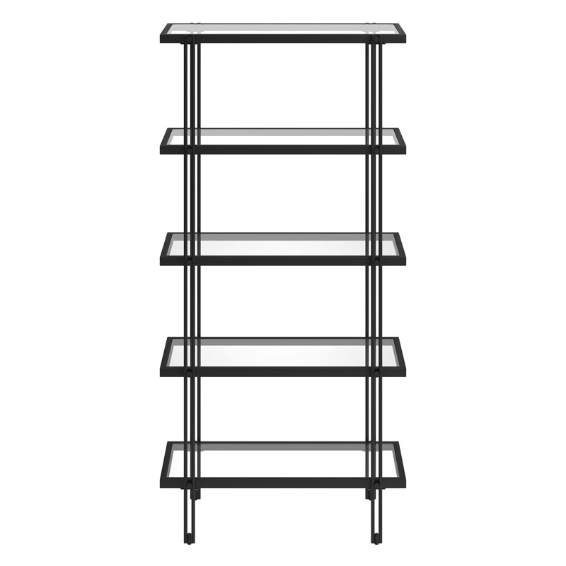 Inez 68"H 4-Tier Metal Glass Tall Rectangular Bookcase in Blackened Bronze, Black