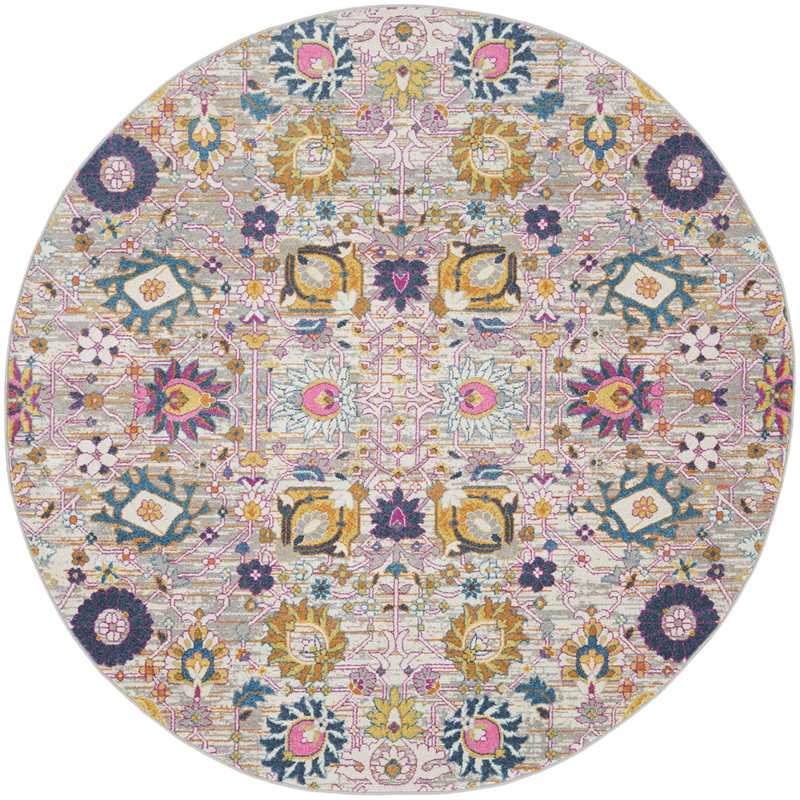 Tapis argenté / orange / rose Justien, Rond 5 pi 3 po