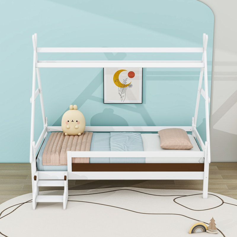 Lit plateforme en bois avec escalier, Simple, Blanc