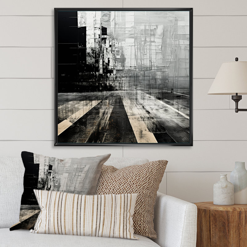 Paysage urbain noir et blanc - art mural, H 24 po x l 24 po x P 1 po, Cadre flottant noir