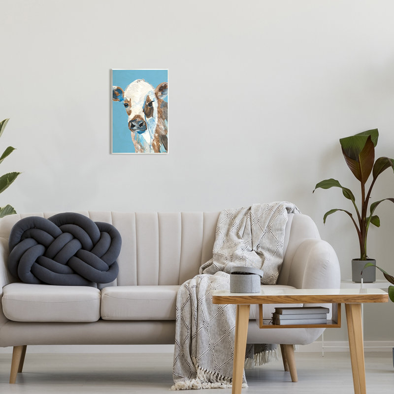Rustic Blue and Brown Cow Art Print on MDF Wood