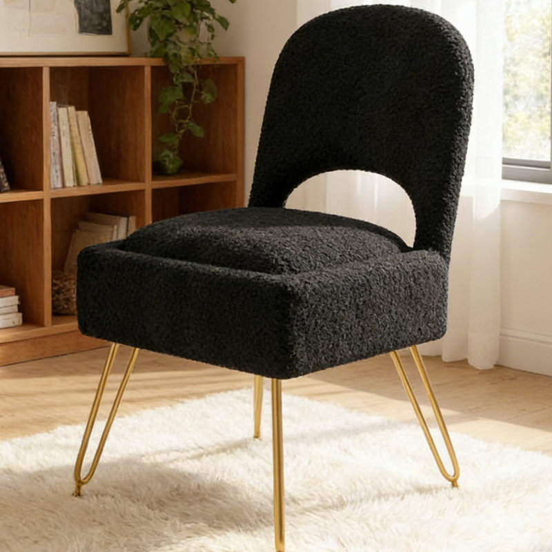 Modern Upholstered Teddy Accent Chair, Vanity Chair with Storage Box, Foldable Backrest，footstool, Black