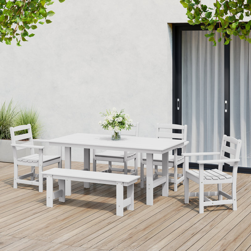 6-Piece Arm Chair Dining Set With Bench, White, 6 Pieces: Table, Bench, 4 Chairs