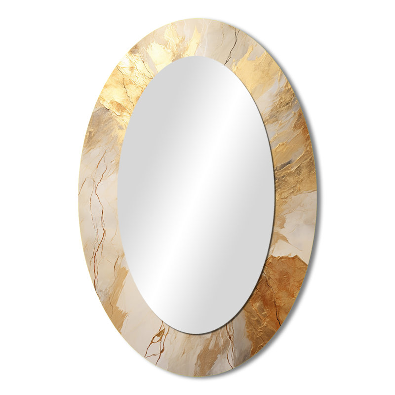 Beige And Gold Marble Lightning - Abstract Oval Decorative Mirror On Metal, 36" x 24"