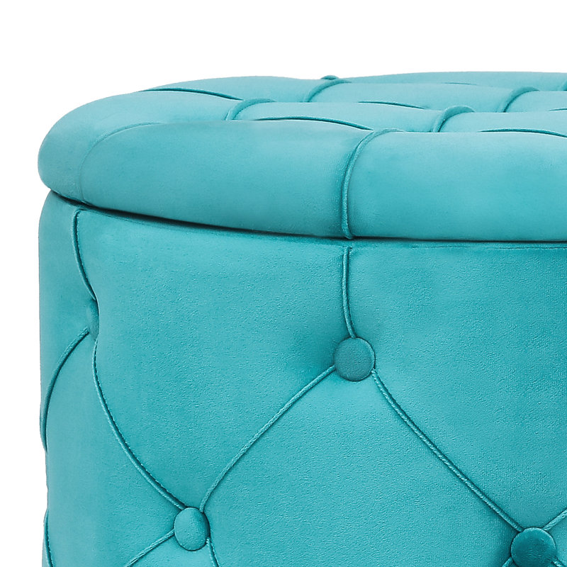 18.9" Wide Tufted Round Storage Ottoman, Teal Velvet
