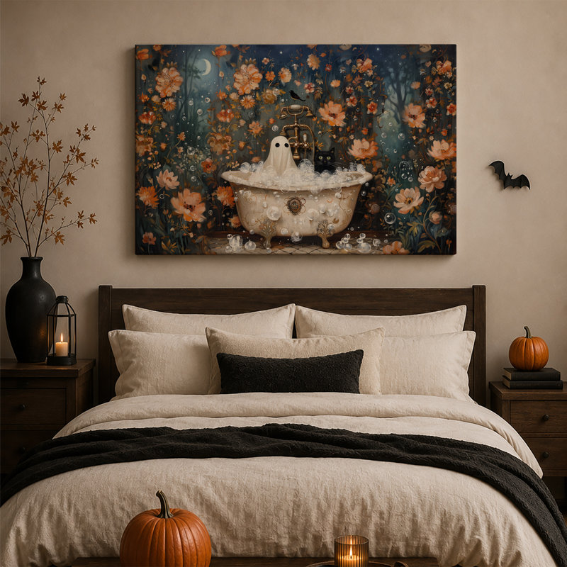 Art mural blanc sur toile avec fantôme blanc et chat noir dans la baignoire, 20"H x 30"W